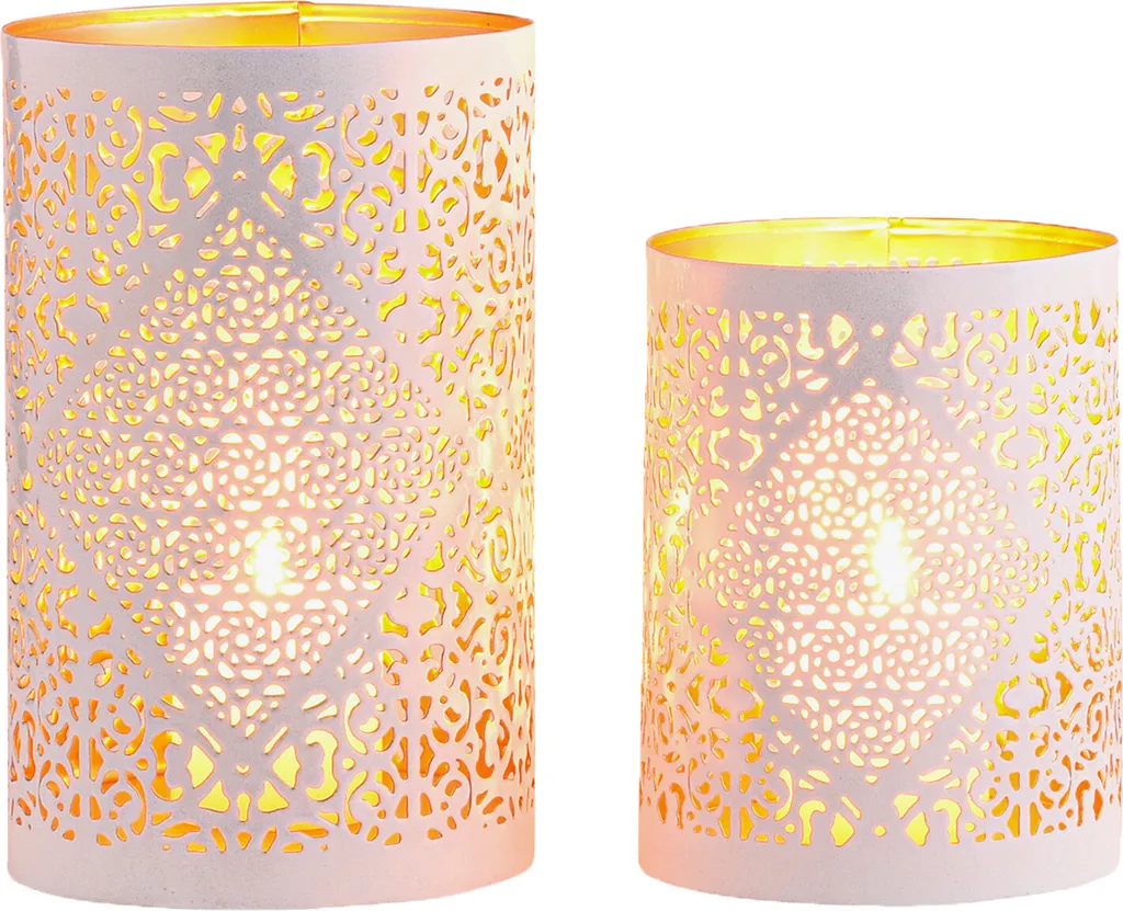 Lot de 2 photophores décoratifs orientaux Yazim Blanc en métal ciselé
