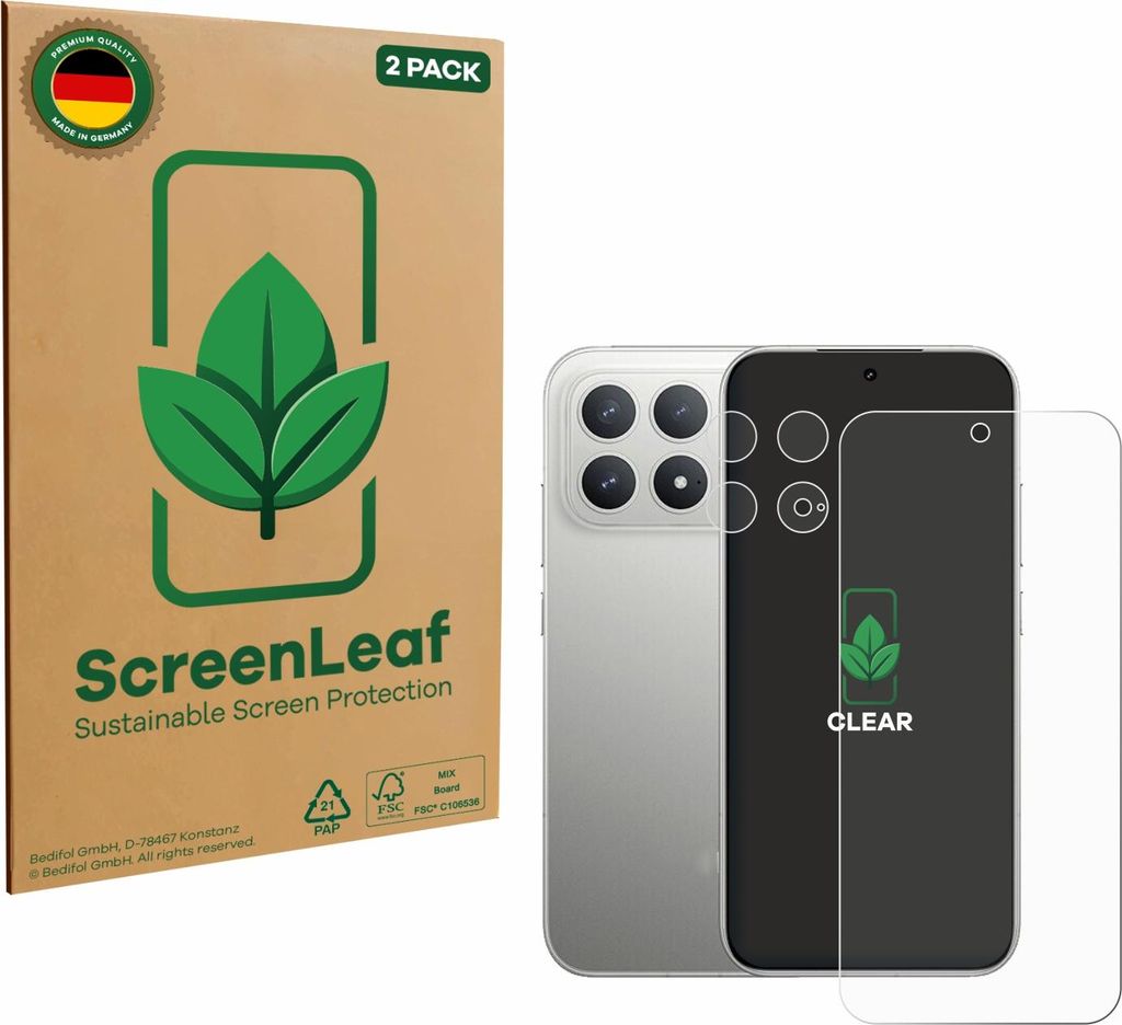 2x ScreenLeaf Schutzfolie für Xiaomi Poco F8 Pro 5G (Display+Kamera) nachhaltiger Displayschutz Display Schutz Folie Klar Transparent
