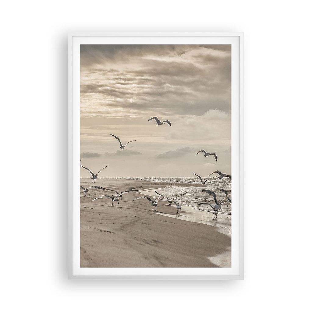 Gerahmtes Poster - Weißer Rahmen - Möwen Küste Boho - 70x100 cm - Wand Bild - Wanddeko - Wandbilder - Kunstposter - Wandposter - Bilderrahmen - ...