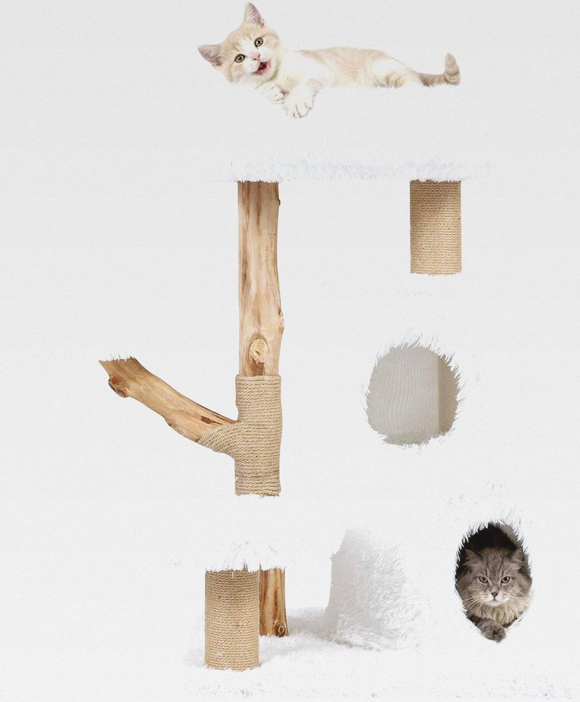 Kratzbaum Holz, Katzenbaum 93 cm mit 2 Höhle, Kratzstamm aus natürlichem Jute, 3 Plattformen, Massive Holzstütze & Weiche Kissen, Kletterbaum f...