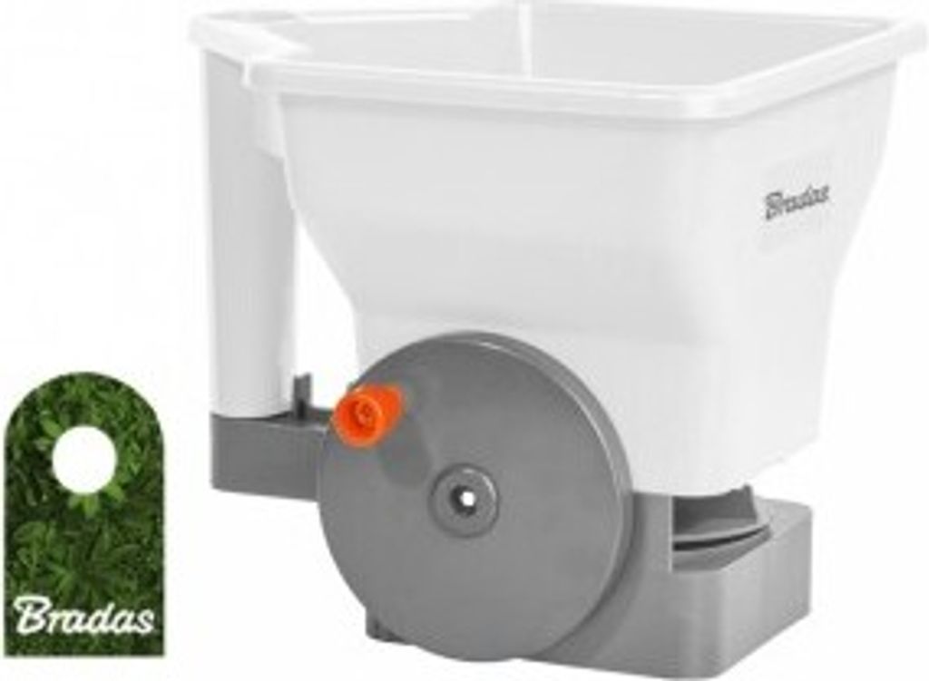 A white and gray garden spreader on a white background.