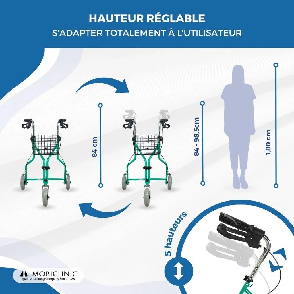 Déambulateur étroit 3 roues pour petits espaces et courses acier vert