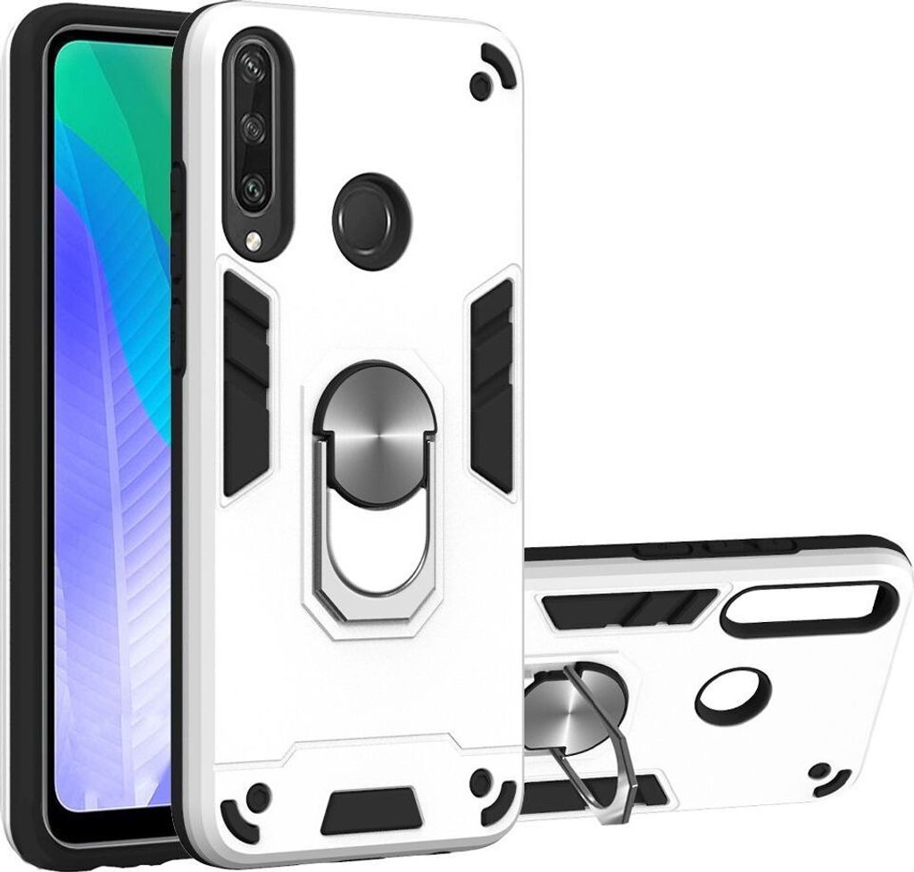 Mobigear Armor Ring Huawei Y6p Hülle Hardcase Backcover Stoßfest mit Ringhalter - Silber