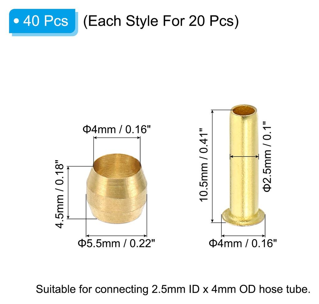 Messing-Kompressionshš¹lsen-Ferrulen, 40er-Pack 4mm ID x 4mm OD Schlauchrohr-Messing-Ferrule-Messing-Kompressions-Einsatz-Fitting-Sortiment-Set f...