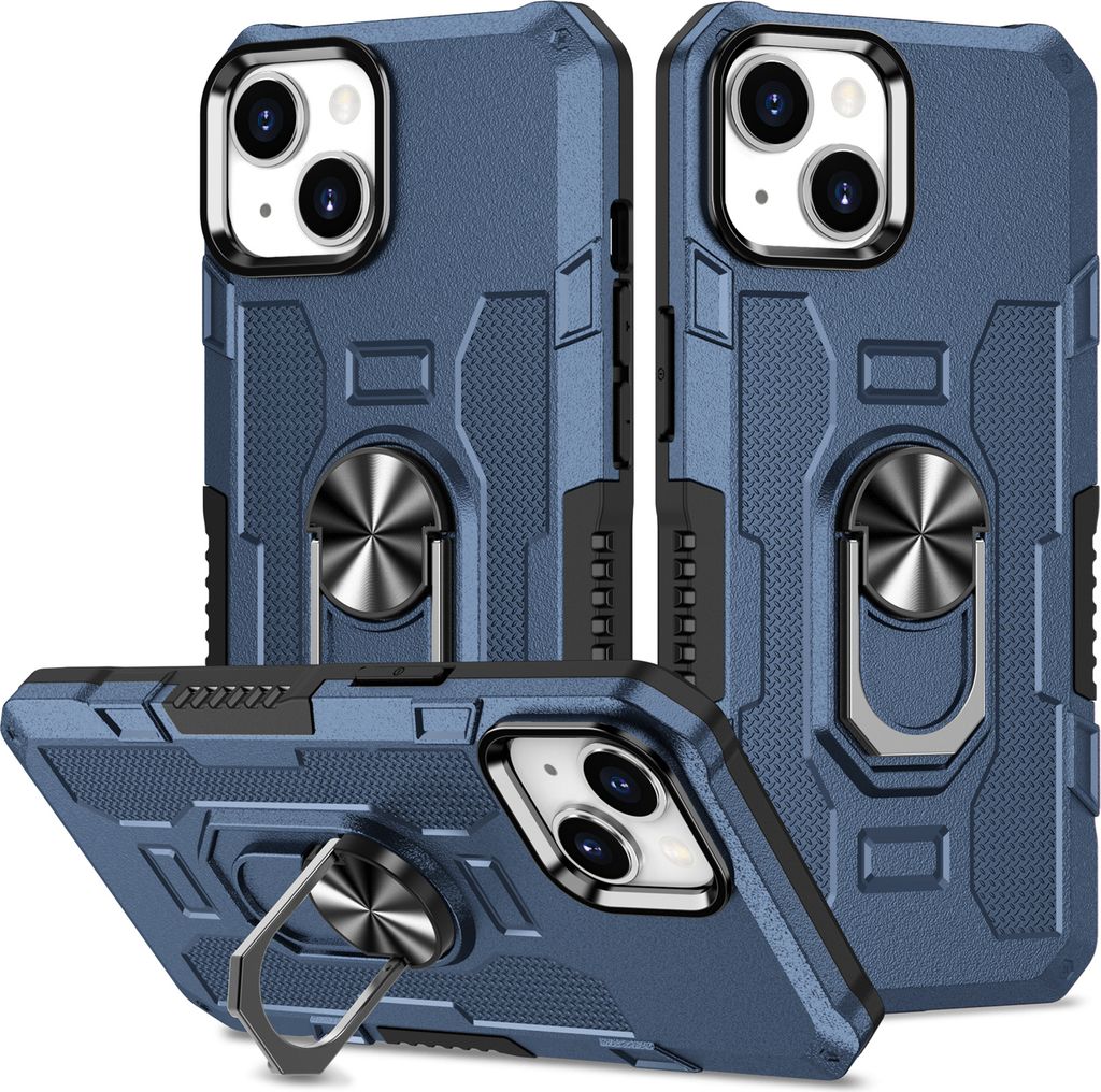 iPhone 14 Hülle, Dual Layer Robuste Rüstung Ringhalter Ständer Schutzhülle für iPhone 14 Blau