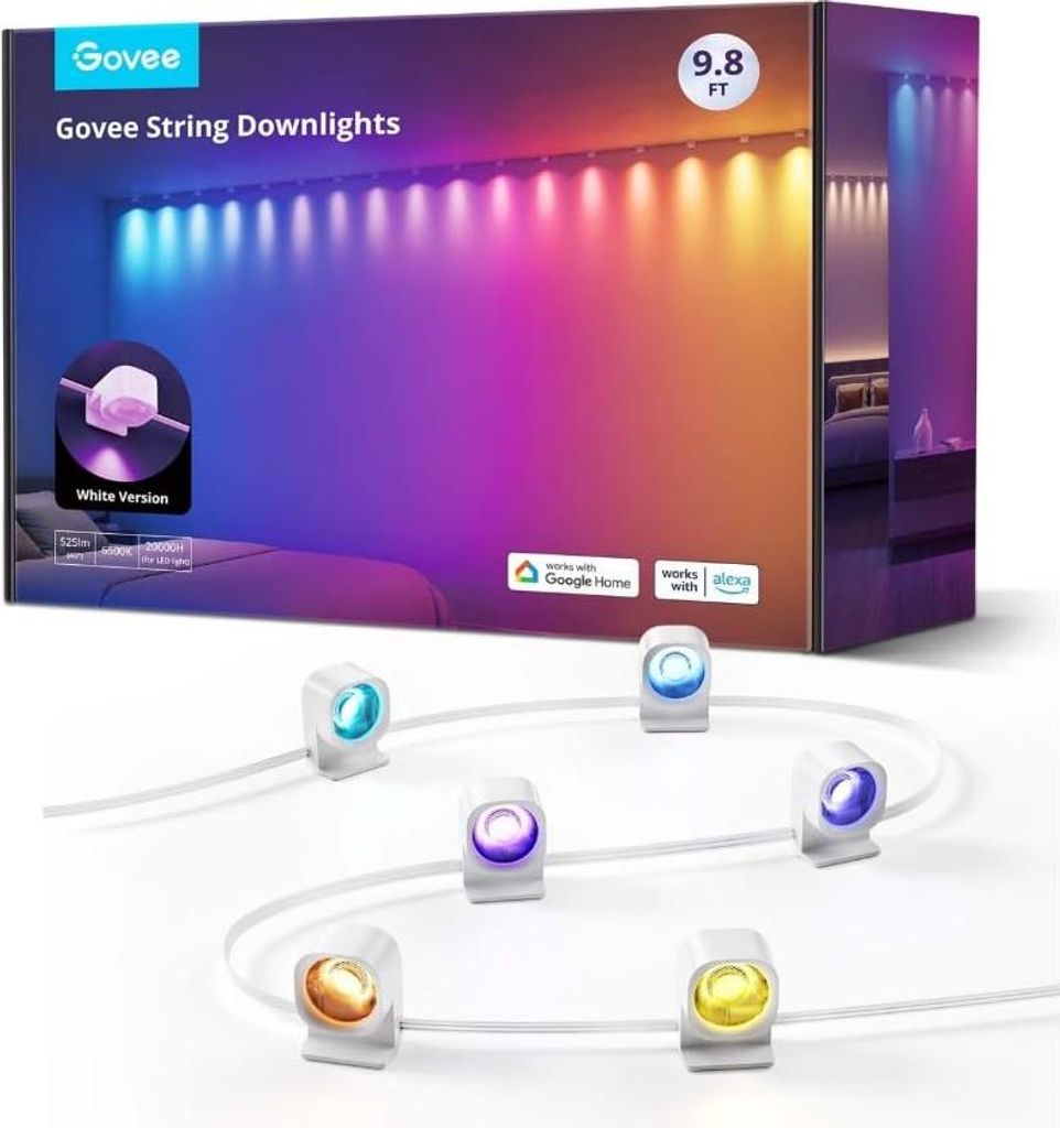 A product box for Govee String Downlights, with a sample of the lights shown below.