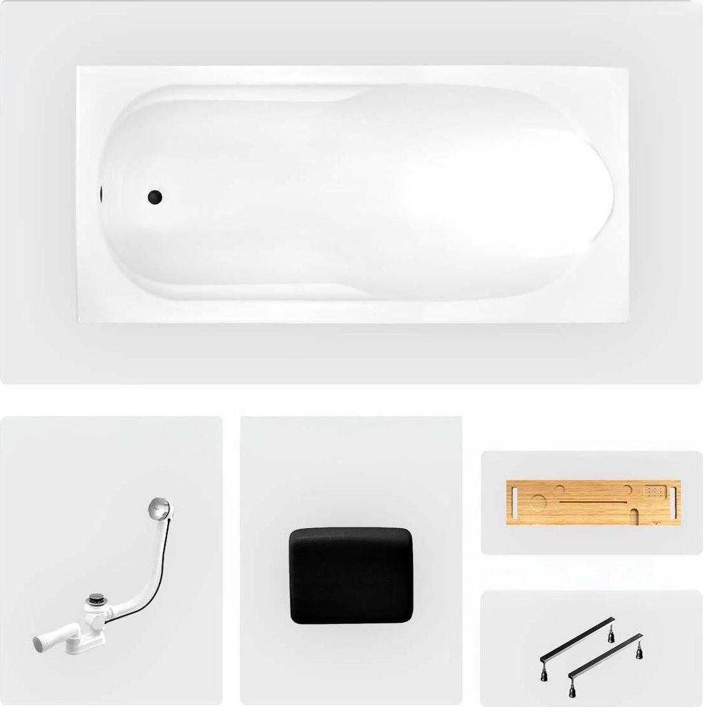 Rechteckige Badewanne - 150 x 70 cm - ohne Verkleidung - mit Füßen - Kopfstütze - Bambusablage - Chromablauf - BONA