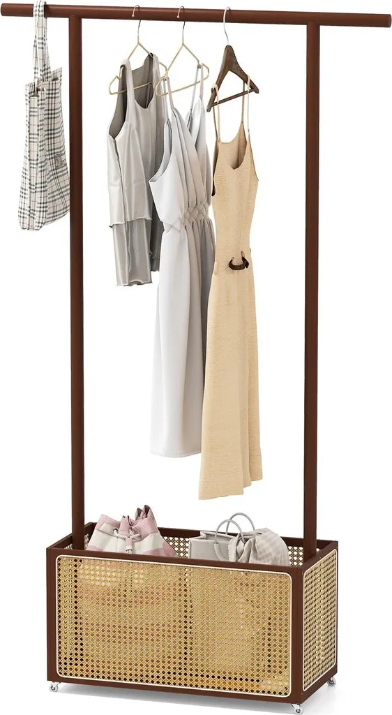 Penderie mobile en bambou et grand bac en rotin pour chambre - 165cm