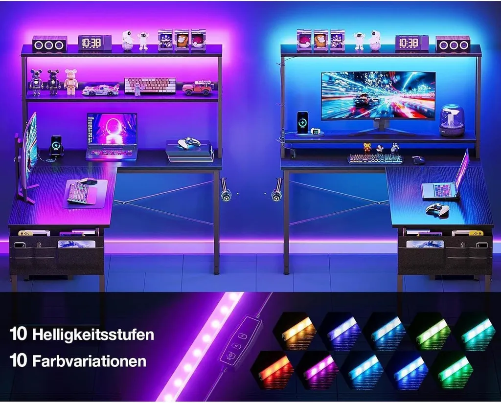 Grand bureau informatique en L avec éclairage LED et prises USB intégrées - 5