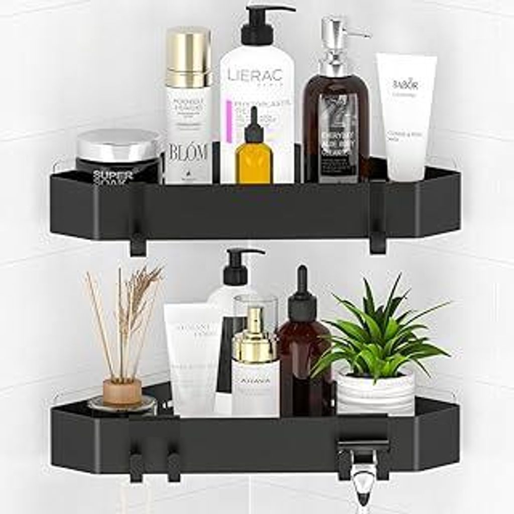 Duschablage Ohne Bohren Ecke, Duschregal Aus Metall 2 Stück Duschkorb Selbstklebend Mit 4 Haken, Badezimmer Regal für Dusche Aufbewahrung Shampoo...