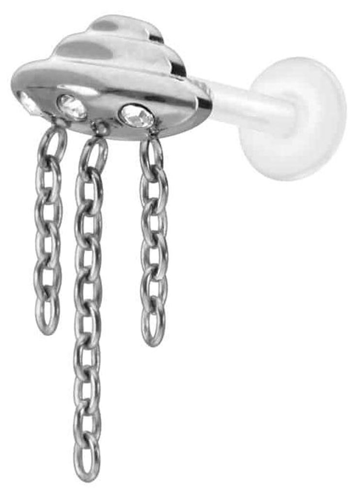 Ohrpiercing, Nasenpiercing PTFE Labret mit Innengewinde + Titan-Aufsatz UFO + KETTEN + KRISTALLE Silber Stablänge: 9mm | Stabstärke: 1,2mm
