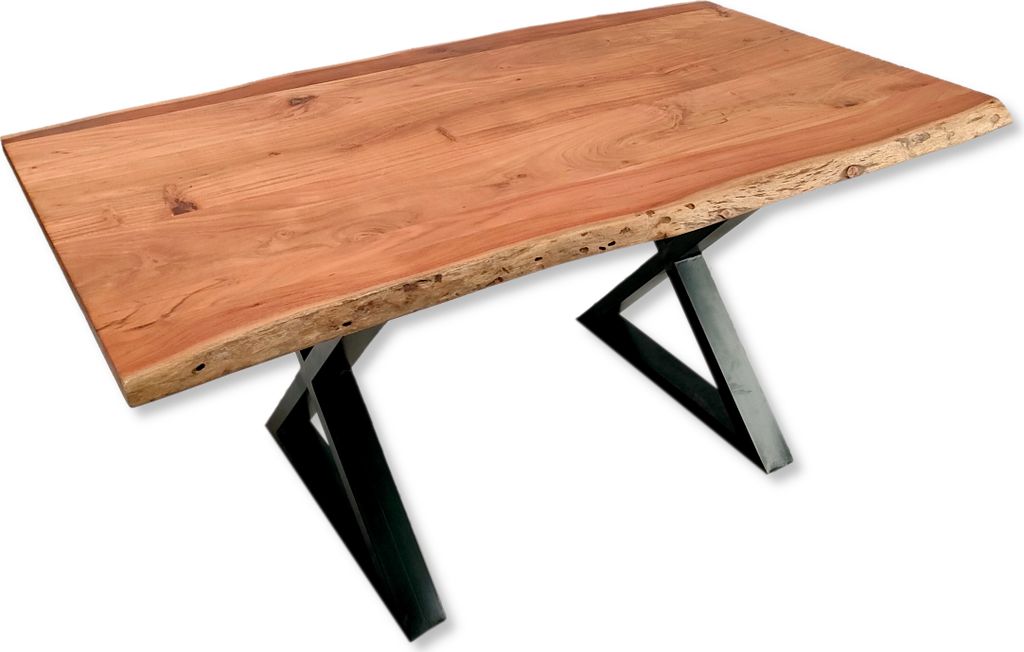Akazien Holz Esstisch naturfarben 210cm Metall X-Gestell schwarz Baumkante massiv Esszimmertisch