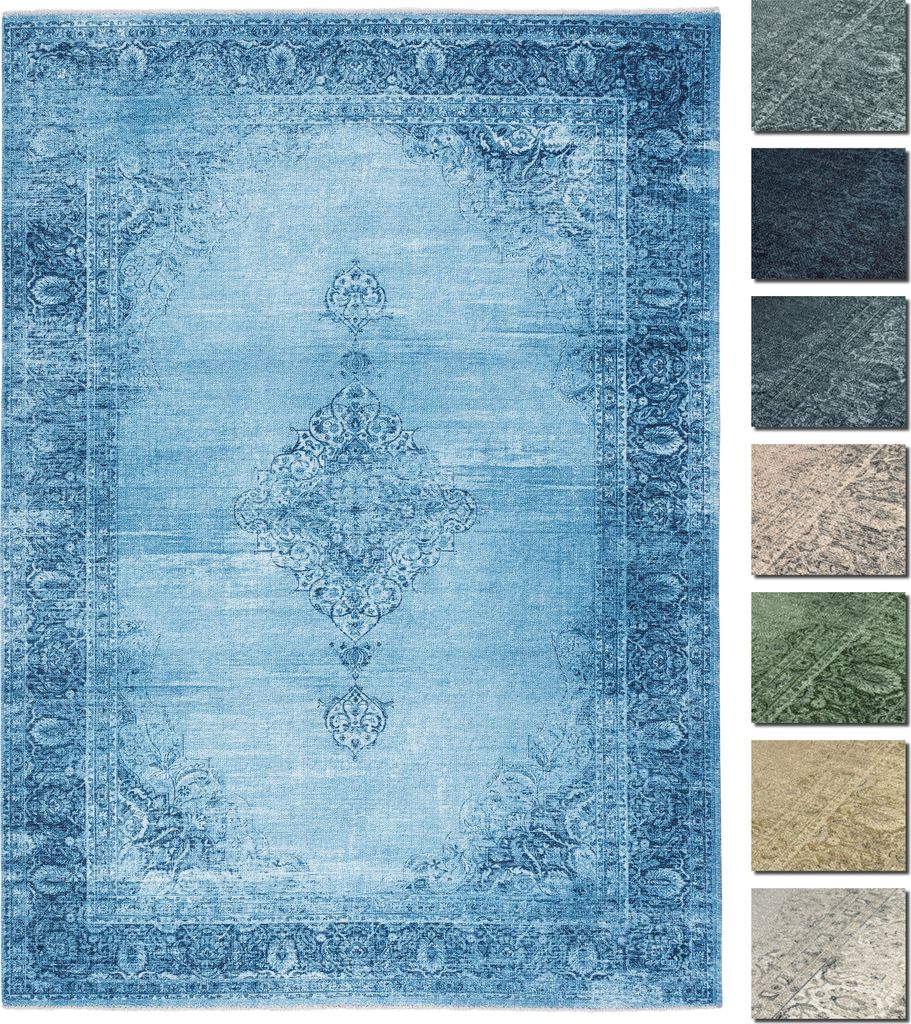 Kelim Vintage Teppich Wohnzimmer Jeans Blau 195 X 280 cm, Waschbar Boho Teppich Super Soft, Moderner Kurzflor Teppich