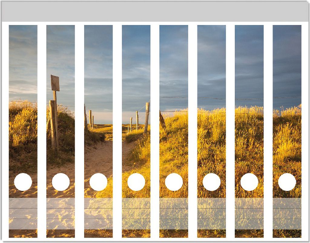 Wallario Ordnerrücken Sticker, selbstklebend für schmale Ordner, 8 Stück, Motiv Düne am Strand bei Sonnenuntergang in Frankreich