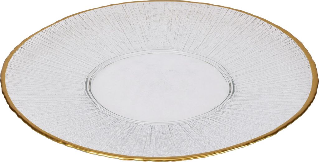 A flat glass charger plate with a gold rim and a textured surface.