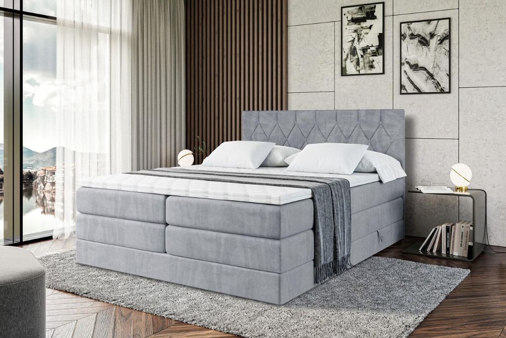 ALTDECOR Boxspringbett mit 2 Matratzen und Topper - 160x200 cm - VELANTO -BZ KING - Grau Samt - Polsterbett mit, H3- und H4- Matratzen, Bettkasten ...