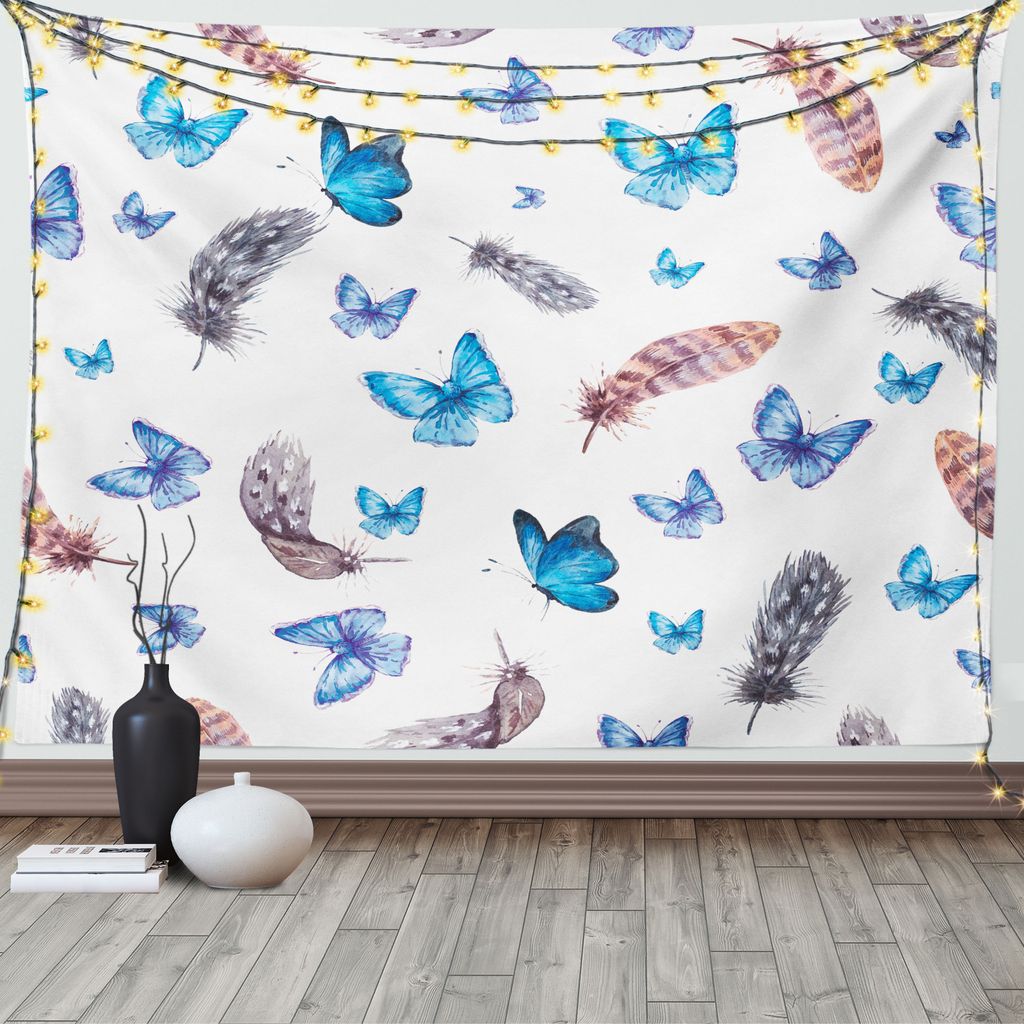 ABAKUHAUS Jahrgang Wandteppich, Federn und Schmetterling, Wohnzimmer Schlafzimmer Wandtuch Seidiges Satin Wandteppich, 150 x 100 cm, Weiß Blau Grau