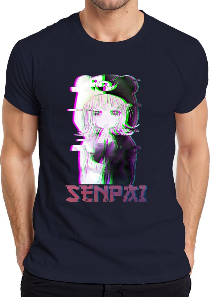 SENPAI Anime Kawaii Chibi Glitch Manga Otaku Bär Kapuze Vaporwave Herren T-Shirt, Navy, S