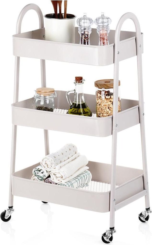 Beiges 3-stöckiges Metallregal auf Rädern 44x31,5x78,5 cm Produktbild 