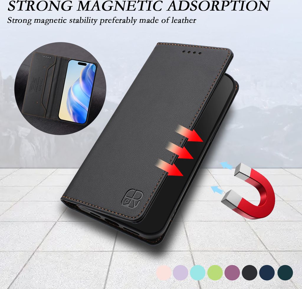 A black leather phone case is shown with a magnetic closure and card slots. Red arrows indicate magnetic attraction, and a horseshoe magnet is depicted to illustrate the magnetic feature. A small inset shows a phone inside a similar case.