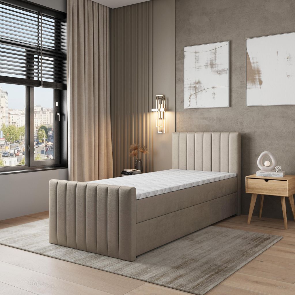 Masseno Boxspringbett ARION 80 80x200 cm Komplett-Set mit Bonell Matratze und Topper, Polsterbett mit Bettkästen -Beige, PAROS 02