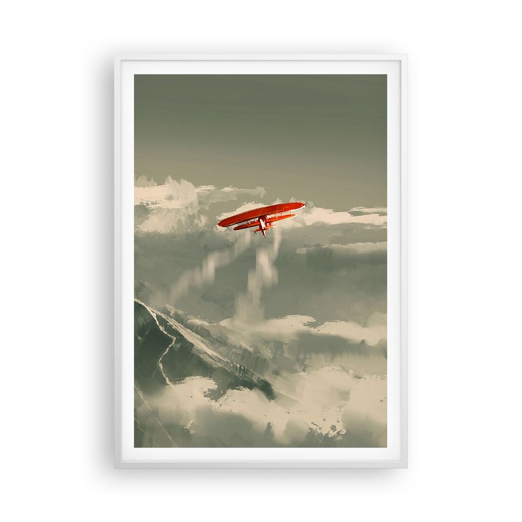 Gerahmtes Poster - Weißer Rahmen - Rot Flugzeug Berge - 70x100 cm - Wand Bild - Wanddeko - Wandbilder - Kunstposter - Wandposter - Bilderrahmen - ...