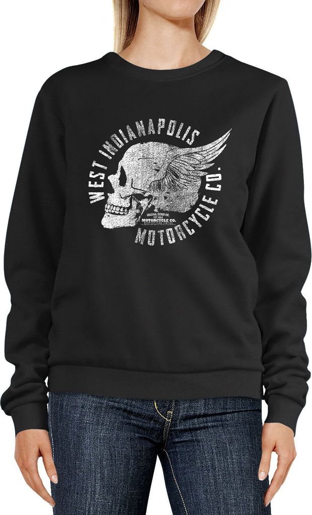 Sweatshirt Damen Motorrad Biker Totenkopf Skull Wings Vintage Design Rundhals-Pullover Pulli Sweater Neverless schwarz XXL