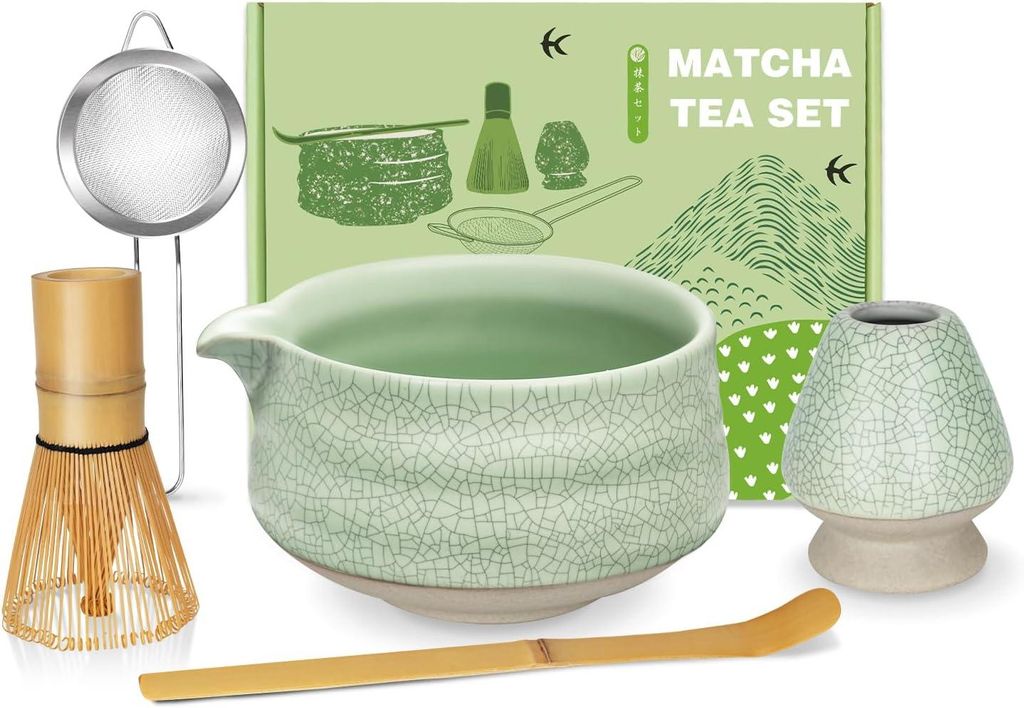 Matcha Set, Matcha Besen, Matcha Schale mit Ausgießer, Matcha Tee Set, Geschenk für Matcha-Liebhaber - 5 teilig