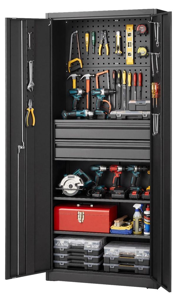 SucceBuy Metall-Aufbewahrungsschrank mit 2 Türen, 2 Schubladen, verstellbaren Regalböden und Lochwand, 1,8 m hoher Mehrzweckschrank, belastbar bi...