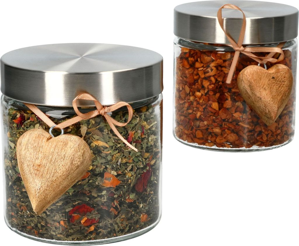 2er Set Bera Vorratsgläser 0,8l + 2x Percha Holz-Herz & 2x Deko-Bändchen