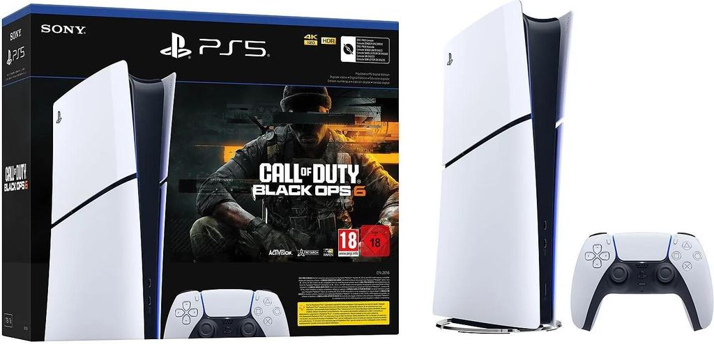 A PlayStation 5 console and its packaging are displayed together. The packaging shows the "Call of Duty: Black Ops 6" game cover and the PS5 console itself is shown next to it, along with a controller.