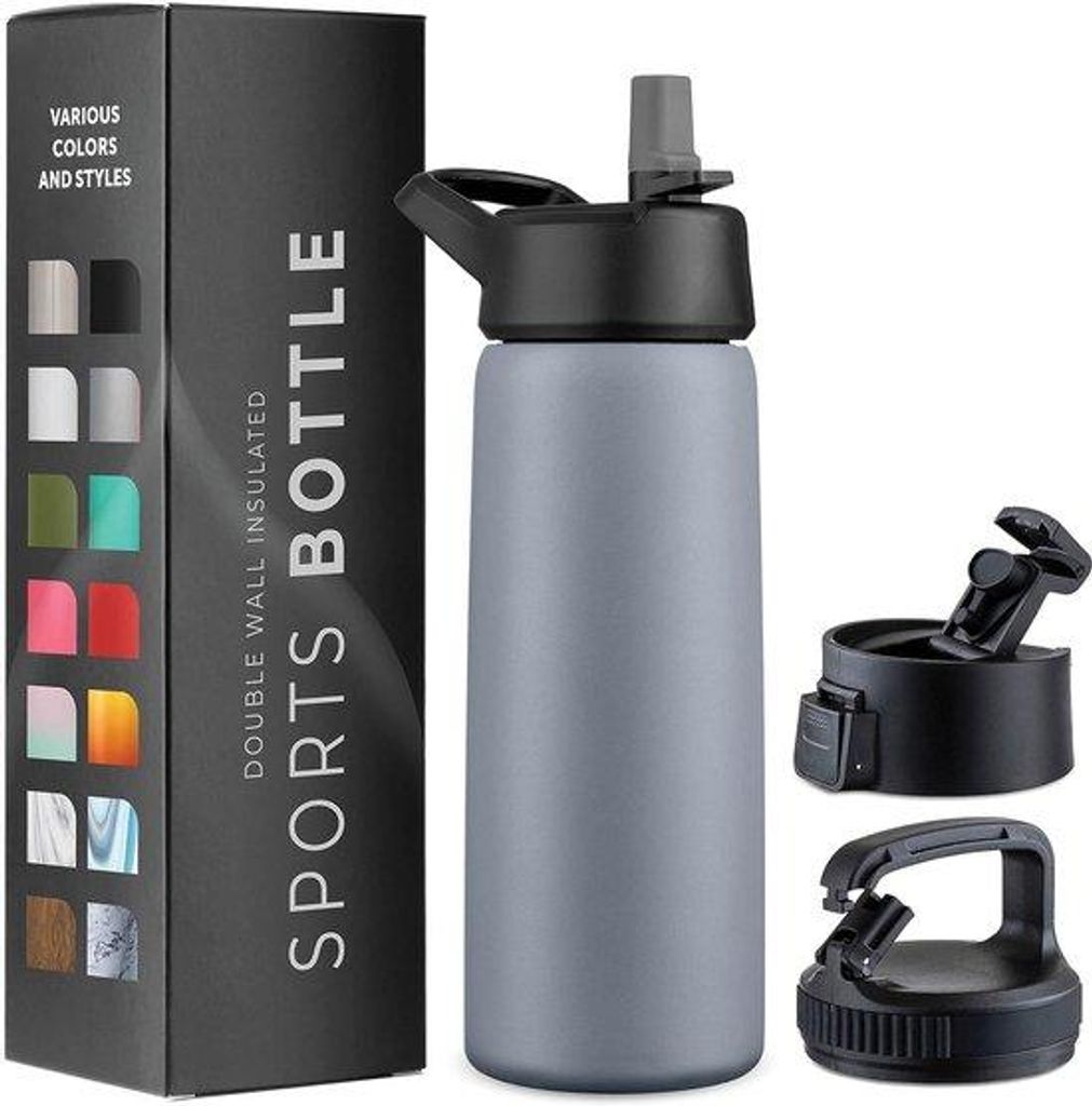 Isolierflasche 750ml Edelstahl, 3-d-wand, mit Strohhalm, grau