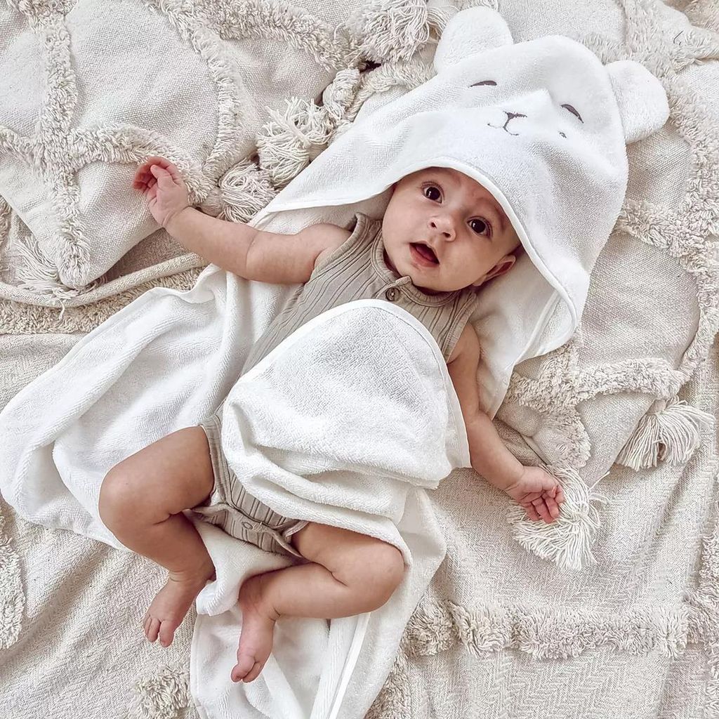 Muminky | Babyhandtuch mit Kapuze - 100x100 cm - Creme - Ultra saugfähig - Waschlappen für Babys enthalten