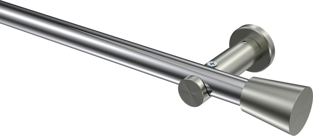 Interdeco Gardinenstange / Vorhangstange Chrom / Edelstahl-Optik, Typ Platon Sitra (Konus) ohne Ringe, 20 mm Ø 1-läufig, 320 cm