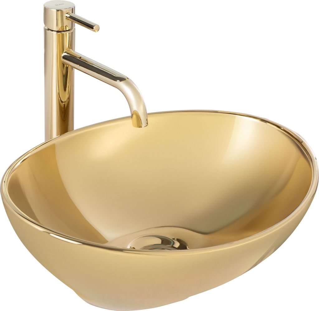 A gold-colored vessel sink with a matching faucet, isolated on a white background.