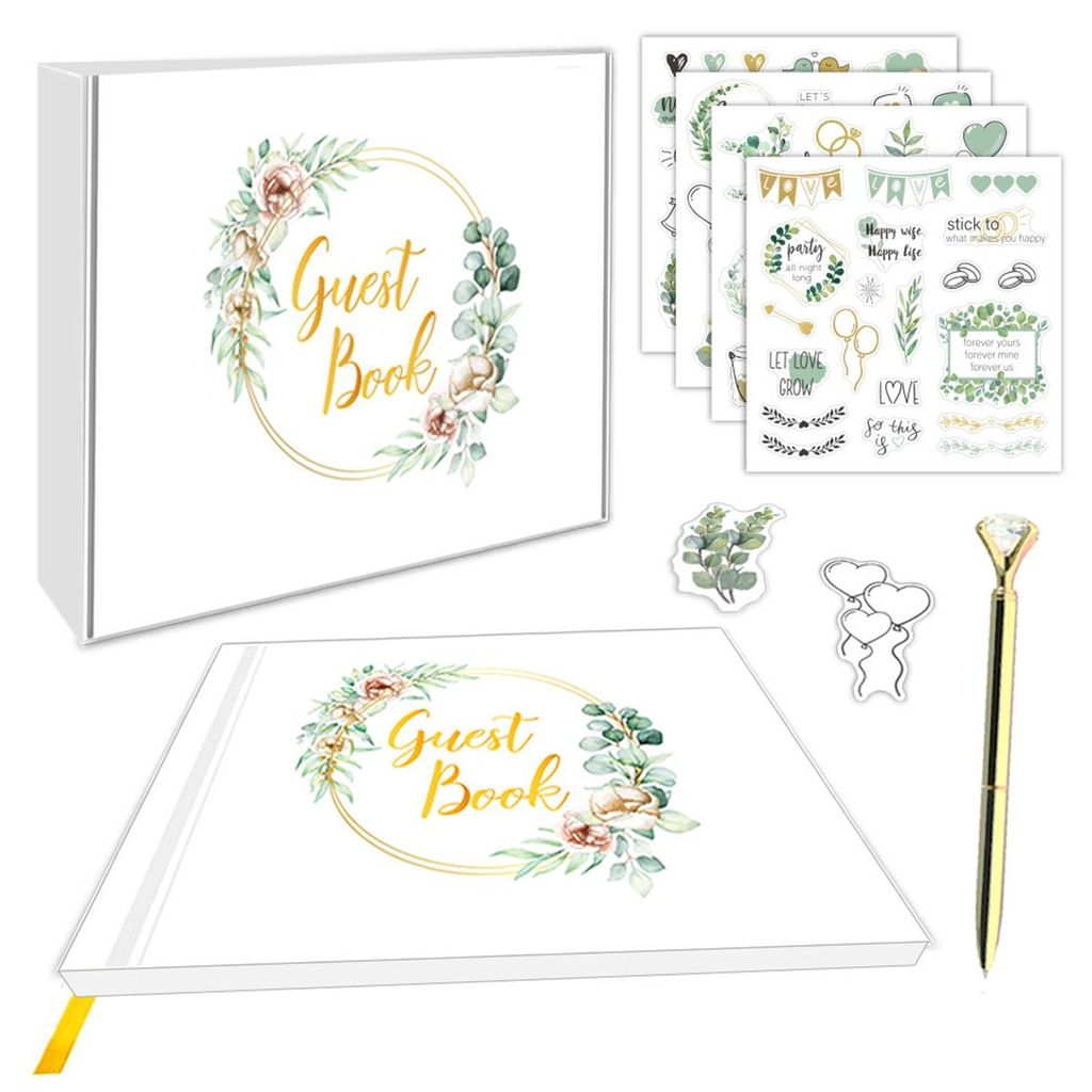 Gästebuch Hochzeit Blanko mit personalisierten Aufkleber Stickern – Gästebuch für Hochzeit, Geburtstag, Silberhochzeit und Babyparty mit 120 S...
