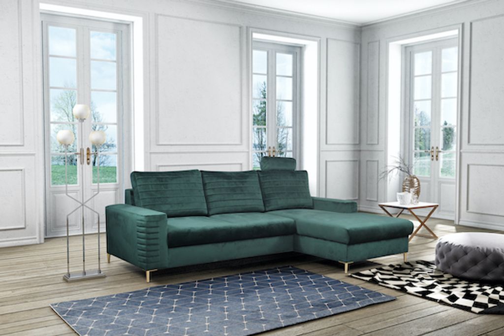 Ecksofa "Collin" Eckcouch Sofa Schlaffunktion Jungle grün / Füße Gold Recamiere rechts