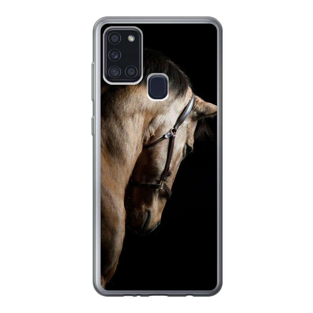 MuchoWow Handyhülle Schutzhülle Hülle für Samsung Galaxy A21s Pferde - Halfter - Schwarz Silikon Softcase Handy Hülle - Hartschale