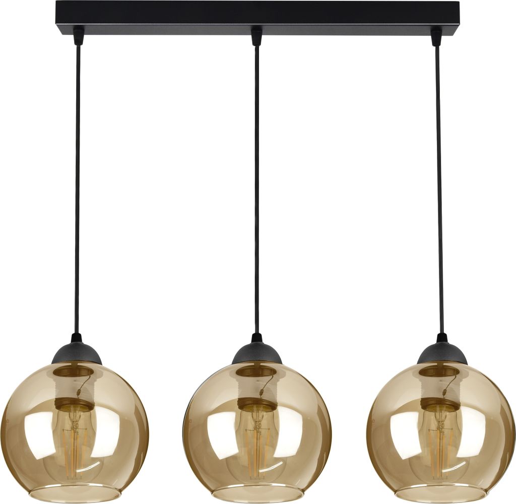 Pendelleuchte mit 3 Glasschirmen in Schwarz, Transparent, Honig, Gold, 3x E27