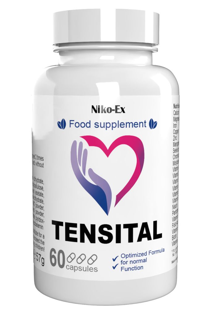 A white bottle of Tensital food supplement capsules.