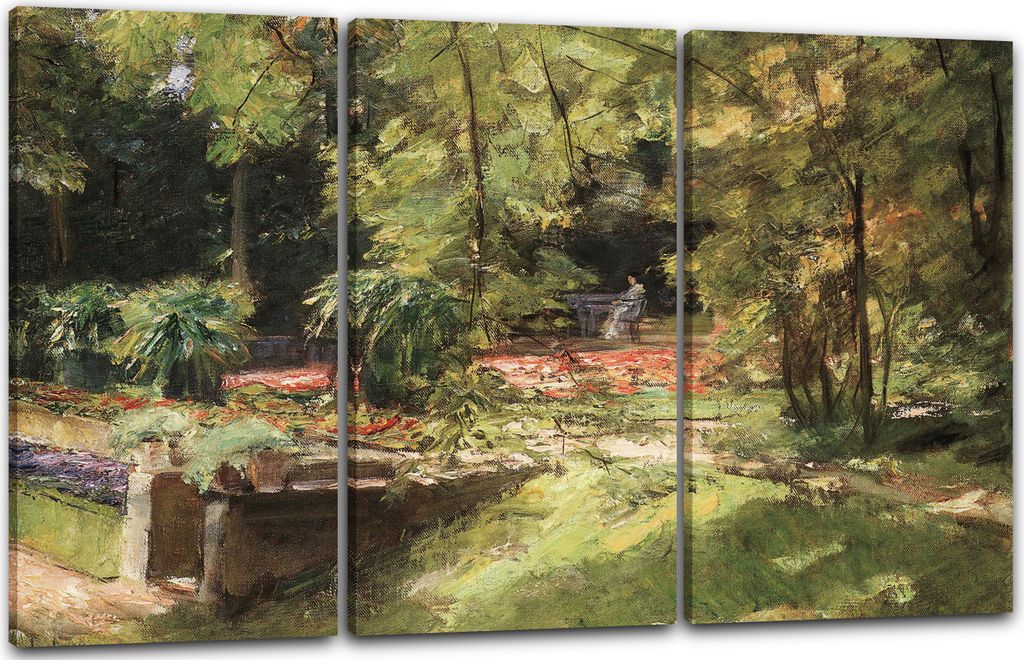 Leinwandbild 3-teilig (120x80cm): Max Liebermann - Die Blumenterassen im Wannseegarten nach Südwesten, echter Holz-Keilrahmen inkl. Aufhänger, ha...