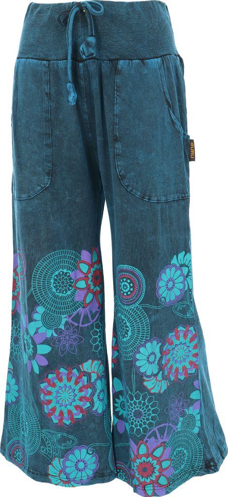 Palazzohose, Boho Baumwollhose, Hosenrock mit Blüten, Schlaghose - Petrol, Damen, Blau, Baumwolle, Größe: L