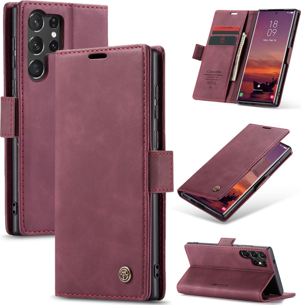 Hülle für Samsung Galaxy S25 Ultra Retro Kunstledertasche mit Standfunktion Schutzhülle Rot