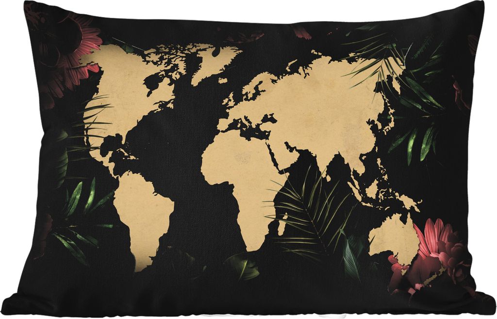 MuchoWow Outdoor Kissen - Weltkarte - Blumen - Tropische Pflanzen - 60x40 cm - Wetterfest - Lounge Kissen - Zierkissen - Kissen für Innenräume