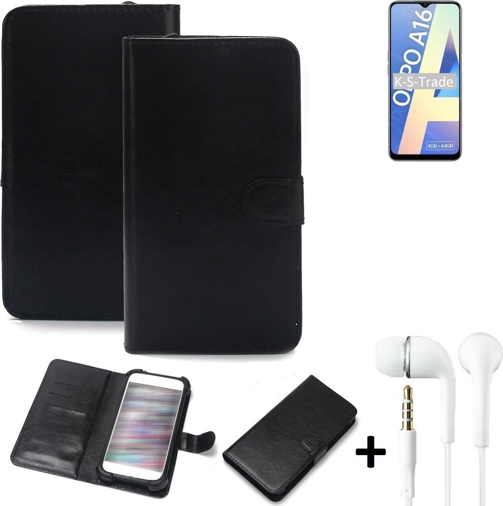 K-S-Trade Wallet Case Handyhülle kompatibel mit Oppo A16 Schutzhülle Flip cover Flipstyle Tasche Hülle Flipcover Slim Bumper schwarz + in ear