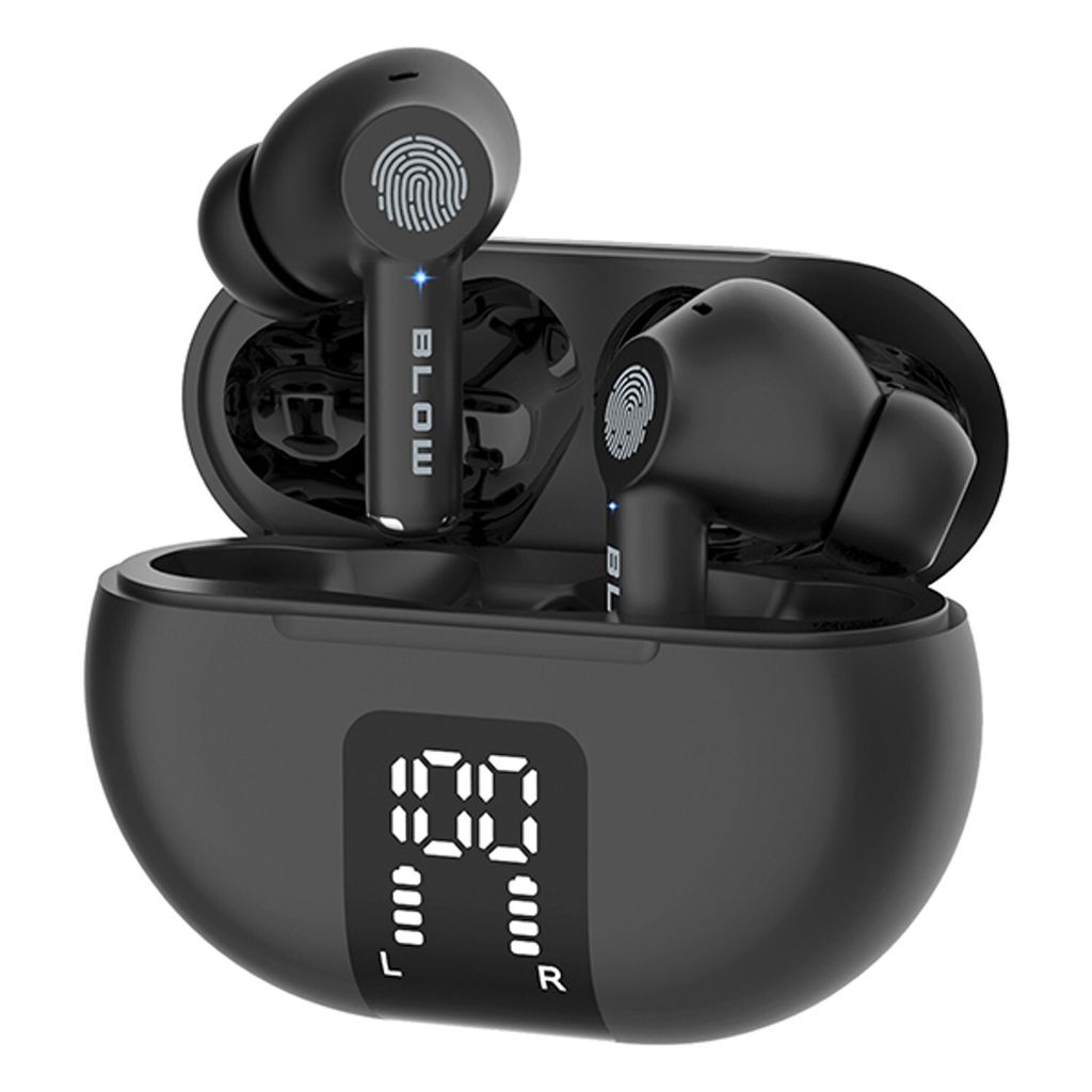 Black wireless earbuds and their charging case are displayed against a white background. The charging case has a digital display showing battery levels and indicators for left and right earbuds.