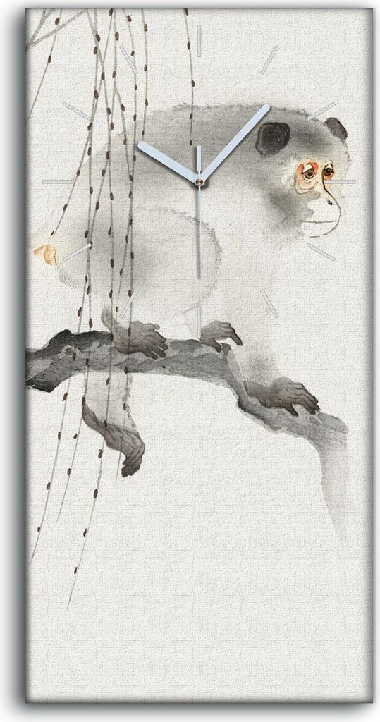 Wohnzimmer-Bild Leinwand Uhr 30x60 Malerei Zweig Tier Affe Asiatische Kunst - weiße Hände