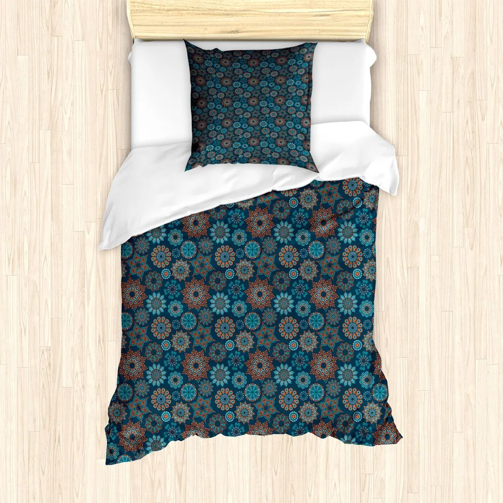 Parure de lit ABAKUHAUS Orange/Bleu - Motif Floral - 135x200 cm + Taie