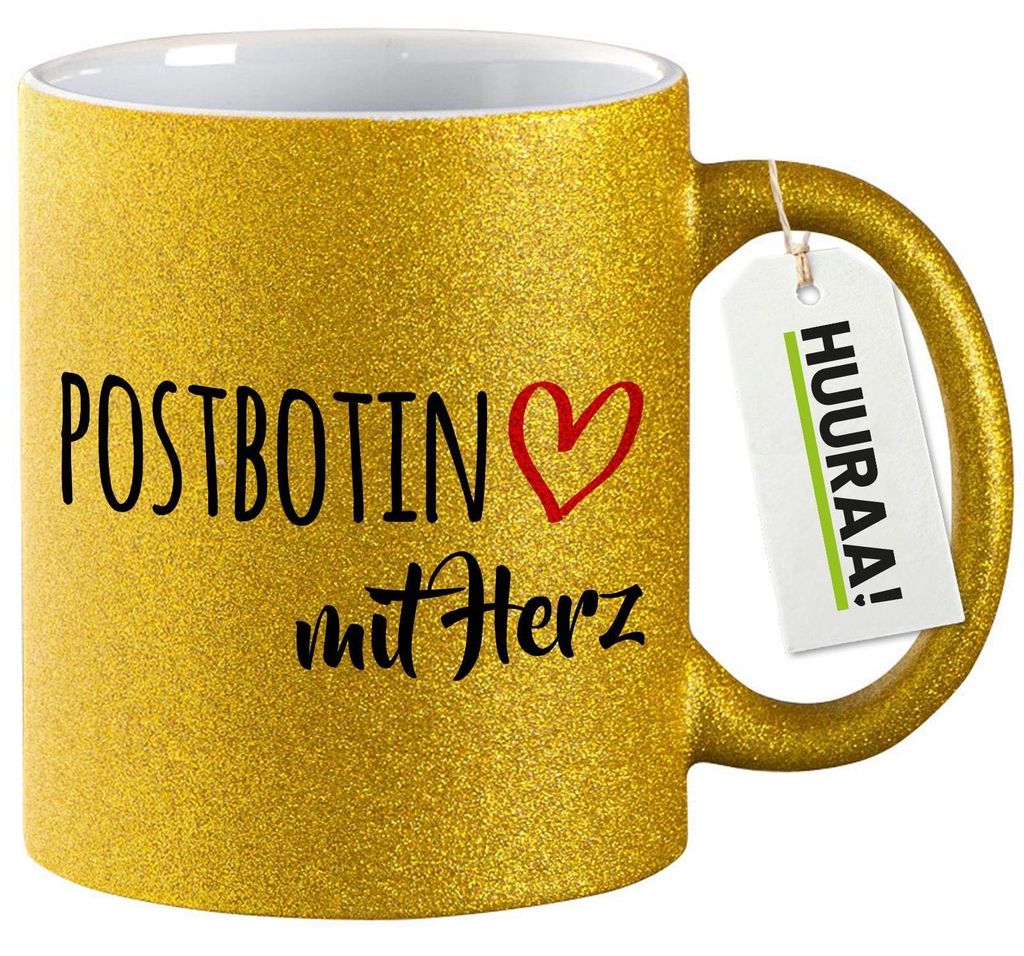 Huuraa Glitzertasse Postbotin mit Herz 330ml Gold Keramik Kaffeebecher Geschenkidee