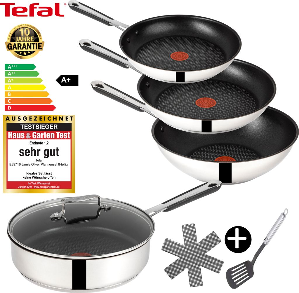A stack of Tefal frying pans and a saucepan with a lid, along with some accessories and marketing labels.